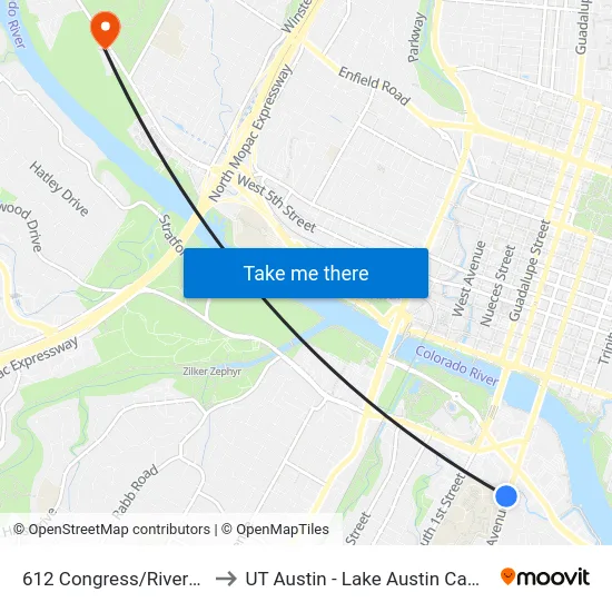 612 Congress/Riverside to UT Austin - Lake Austin Campus map