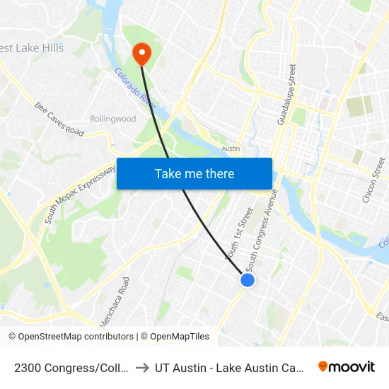 2300 Congress/College to UT Austin - Lake Austin Campus map
