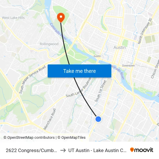 2622 Congress/Cumberland to UT Austin - Lake Austin Campus map