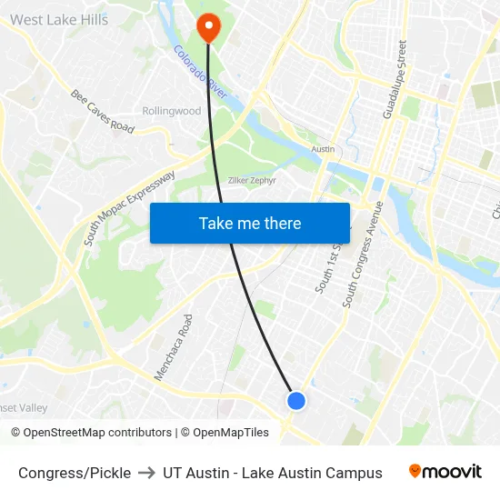 Congress/Pickle to UT Austin - Lake Austin Campus map