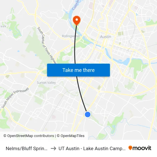 Nelms/Bluff Springs to UT Austin - Lake Austin Campus map
