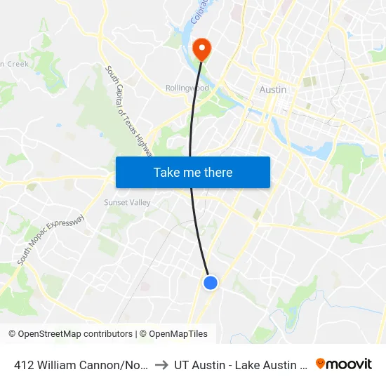 412 William Cannon/North Bluff to UT Austin - Lake Austin Campus map