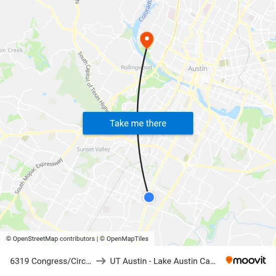 6319 Congress/Circle S to UT Austin - Lake Austin Campus map