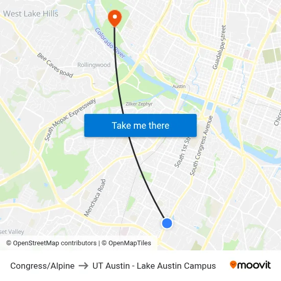 Congress/Alpine to UT Austin - Lake Austin Campus map