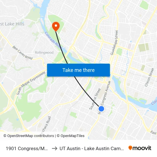 1901 Congress/Mary to UT Austin - Lake Austin Campus map
