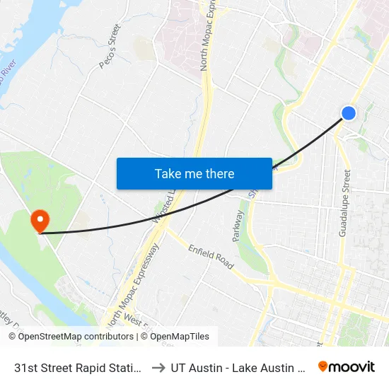 31st Street Rapid  Station (Nb) to UT Austin - Lake Austin Campus map