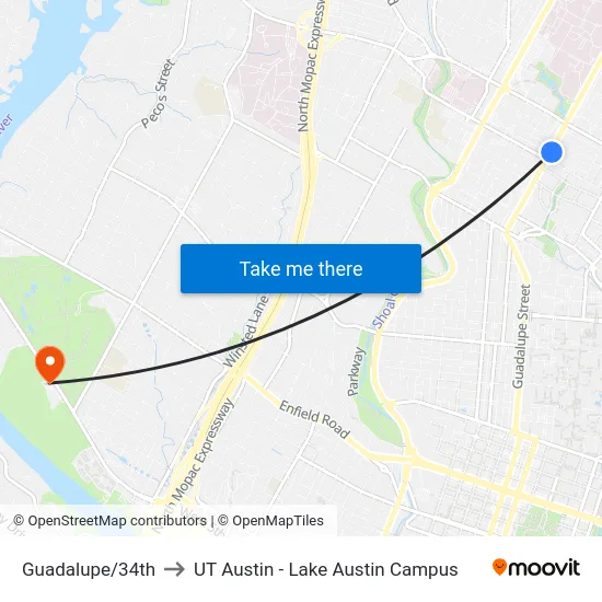 Guadalupe/34th to UT Austin - Lake Austin Campus map