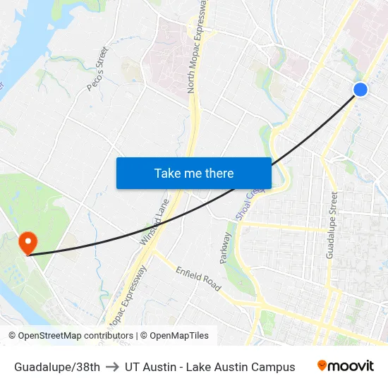 Guadalupe/38th to UT Austin - Lake Austin Campus map