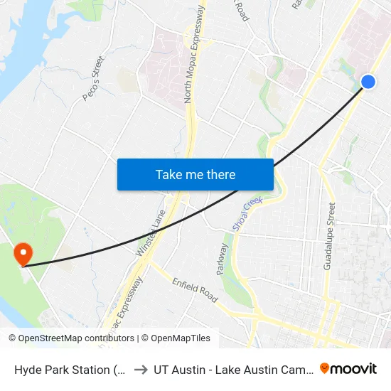 Hyde Park Station (Nb) to UT Austin - Lake Austin Campus map
