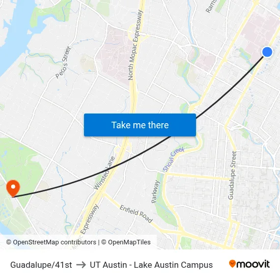 Guadalupe/41st to UT Austin - Lake Austin Campus map