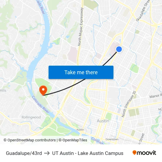 Guadalupe/43rd to UT Austin - Lake Austin Campus map