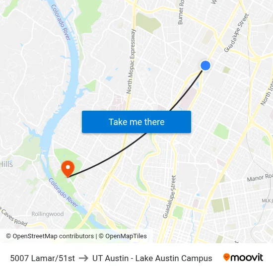 5007 Lamar/51st to UT Austin - Lake Austin Campus map