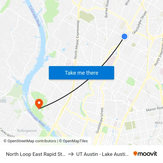 North Loop East Rapid Station (Nb) to UT Austin - Lake Austin Campus map