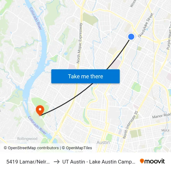 5419 Lamar/Nelray to UT Austin - Lake Austin Campus map