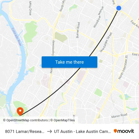 8071 Lamar/Research to UT Austin - Lake Austin Campus map