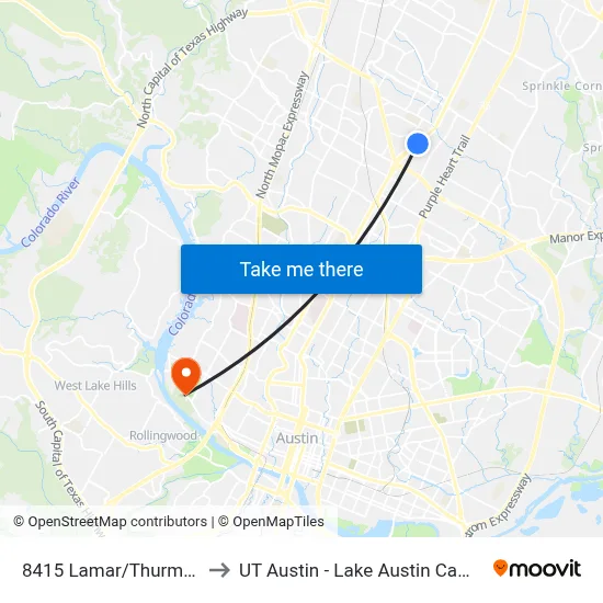 8415 Lamar/Thurmond to UT Austin - Lake Austin Campus map