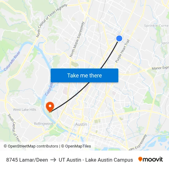 8745 Lamar/Deen to UT Austin - Lake Austin Campus map