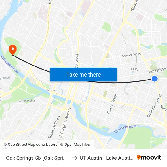 Oak Springs Sb (Oak Springs/Airport) to UT Austin - Lake Austin Campus map