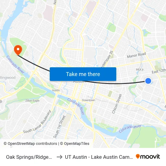 Oak Springs/Ridgeway to UT Austin - Lake Austin Campus map