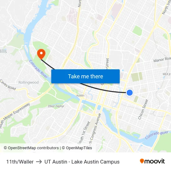 11th/Waller to UT Austin - Lake Austin Campus map