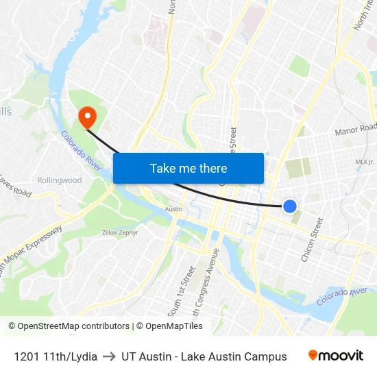 1201 11th/Lydia to UT Austin - Lake Austin Campus map