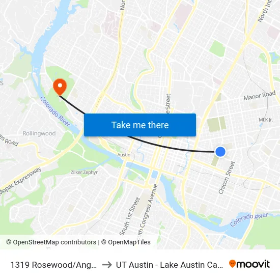 1319 Rosewood/Angelina to UT Austin - Lake Austin Campus map