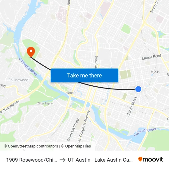 1909 Rosewood/Chicon to UT Austin - Lake Austin Campus map