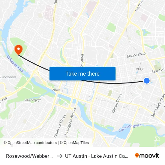 Rosewood/Webberville to UT Austin - Lake Austin Campus map
