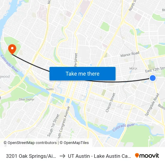 3201 Oak Springs/Airport to UT Austin - Lake Austin Campus map