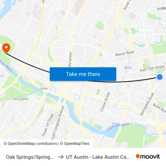 Oak Springs/Springdale to UT Austin - Lake Austin Campus map