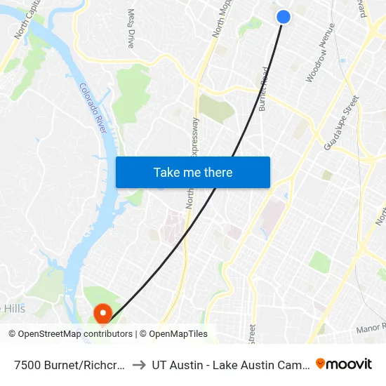 7500 Burnet/Richcreek to UT Austin - Lake Austin Campus map