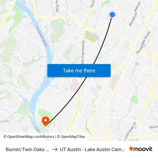 Burnet/Twin Oaks Dr. to UT Austin - Lake Austin Campus map