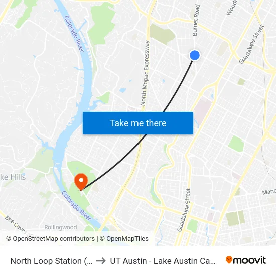 North Loop Station (Sb) to UT Austin - Lake Austin Campus map