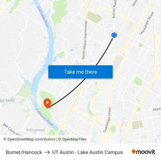 Burnet/Hancock to UT Austin - Lake Austin Campus map