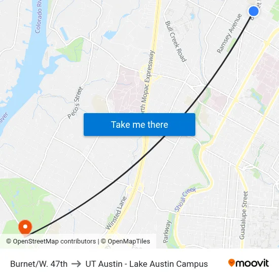 Burnet/W. 47th to UT Austin - Lake Austin Campus map