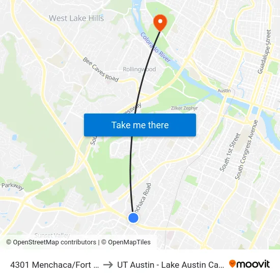 4301 Menchaca/Fort View to UT Austin - Lake Austin Campus map