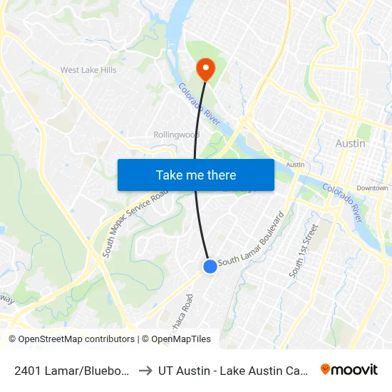 2401 Lamar/Bluebonnet to UT Austin - Lake Austin Campus map