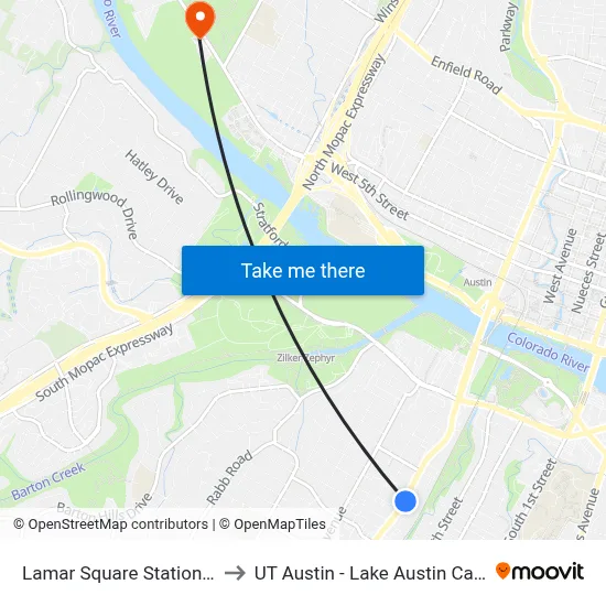 Lamar Square Station (Nb) to UT Austin - Lake Austin Campus map
