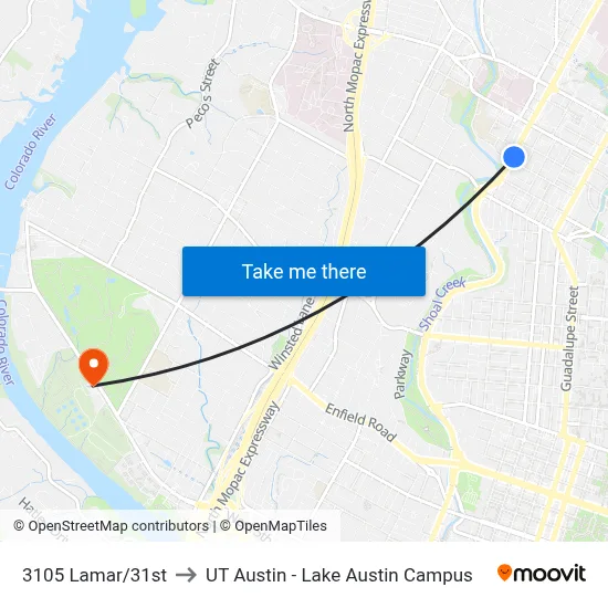 3105 Lamar/31st to UT Austin - Lake Austin Campus map