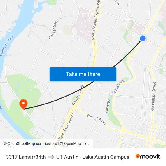 3317 Lamar/34th to UT Austin - Lake Austin Campus map