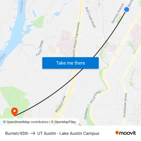 Burnet/45th to UT Austin - Lake Austin Campus map