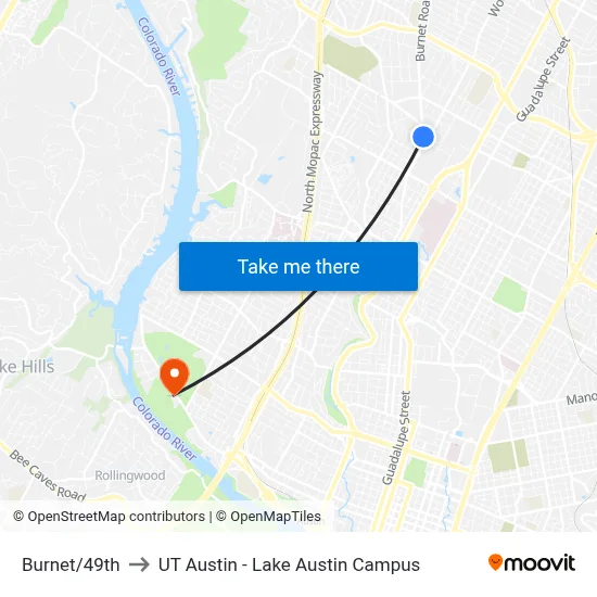 Burnet/49th to UT Austin - Lake Austin Campus map