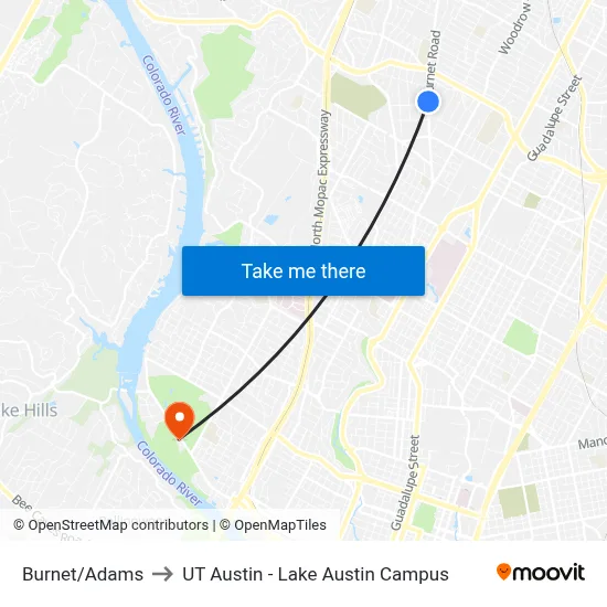 Burnet/Adams to UT Austin - Lake Austin Campus map