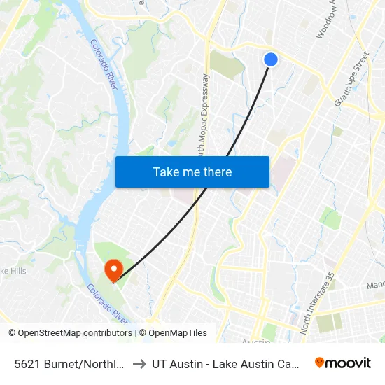 5621 Burnet/Northland to UT Austin - Lake Austin Campus map