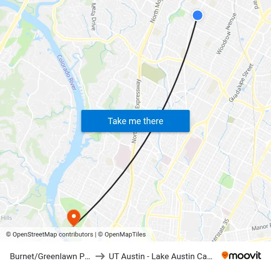 Burnet/Greenlawn Pkwy to UT Austin - Lake Austin Campus map