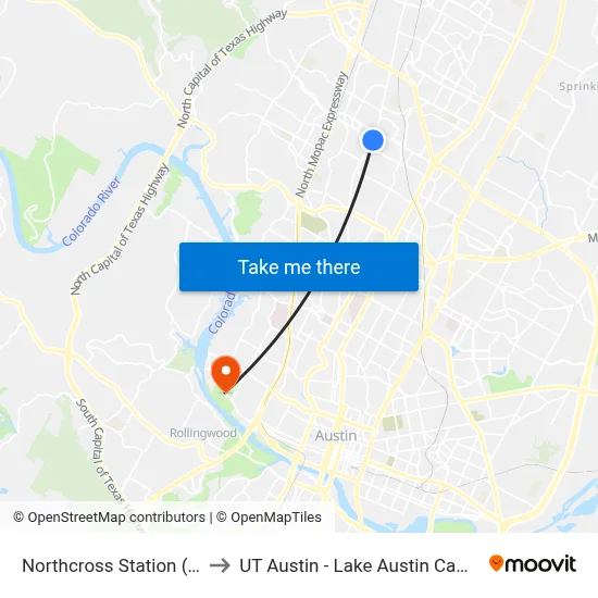 Northcross Station (Nb) to UT Austin - Lake Austin Campus map