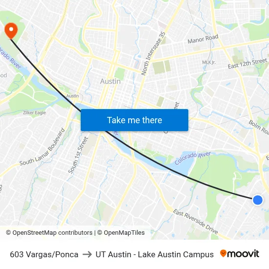 603 Vargas/Ponca to UT Austin - Lake Austin Campus map