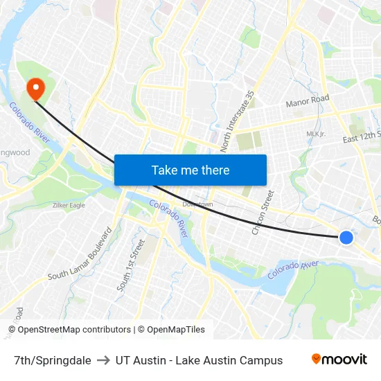 7th/Springdale to UT Austin - Lake Austin Campus map