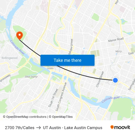 2700 7th/Calles to UT Austin - Lake Austin Campus map