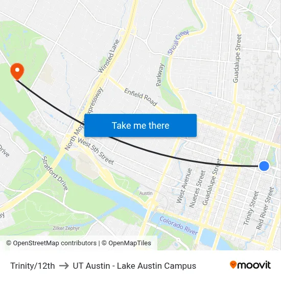 Trinity/12th to UT Austin - Lake Austin Campus map